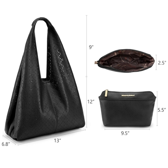 Montana West Black 2pc. Soft Vegan Leather Slouchy Hobo Shoulder Bag W/ Pouch - Picture 3 of 6